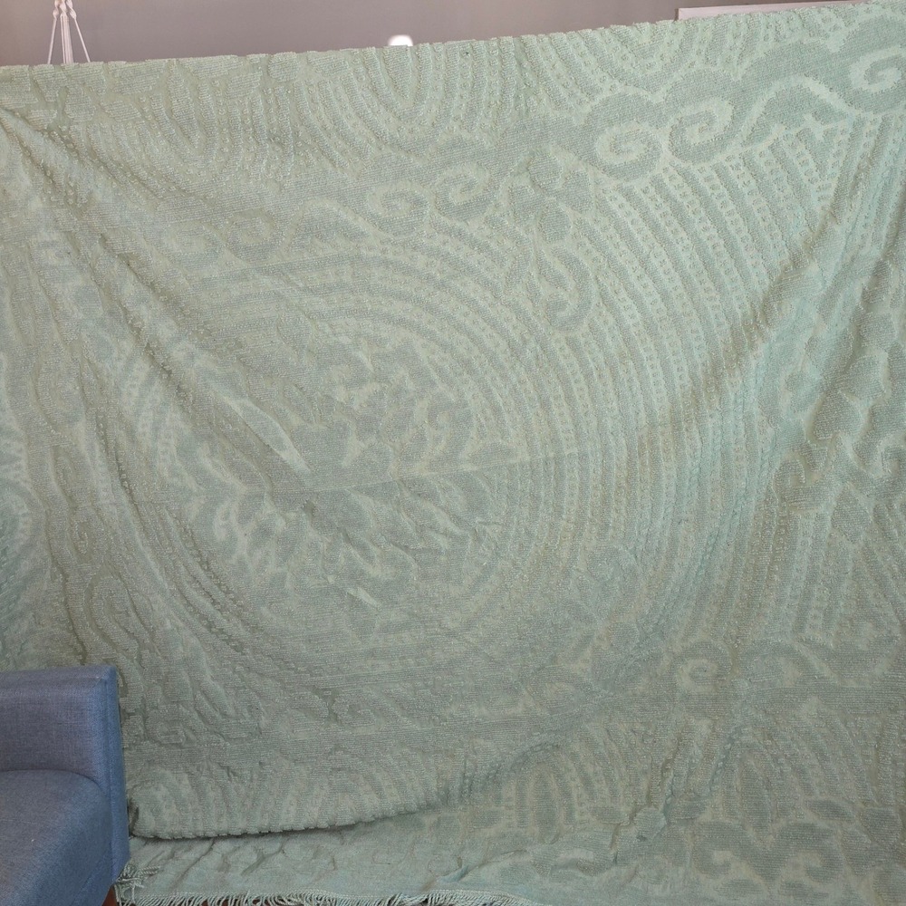 Vintage Sage Green Chenille Bedspread Medallion Pattern Fringed Mid Century